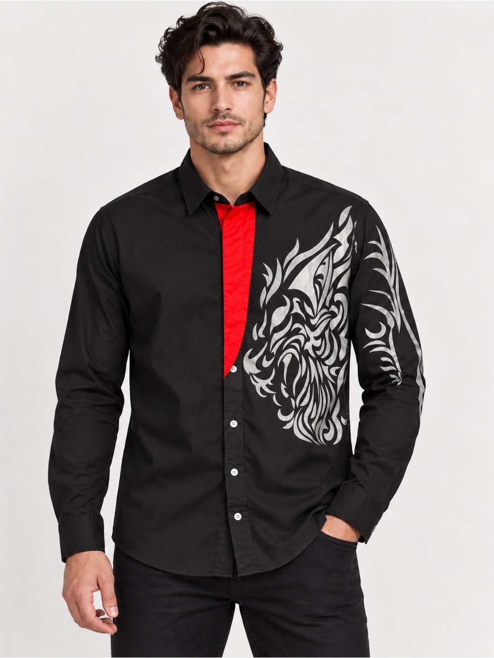 COOFANDY Men’s XL Black Red Silver Tribal Lion Graphic Long Sleeve Shirt